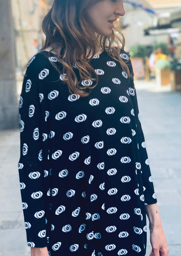Vestido mujer manga 3/4 talla única. "Eyes in the dark"