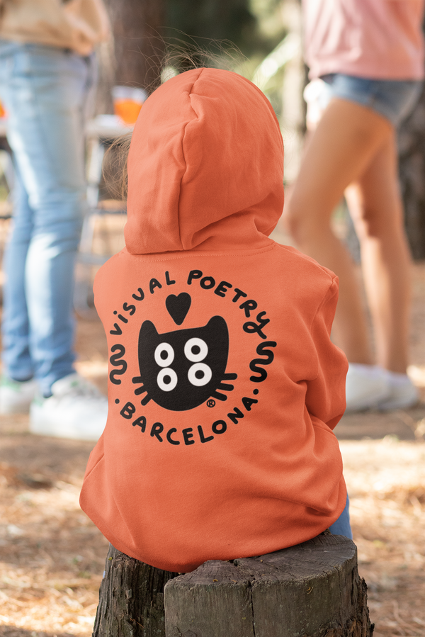 Sudadera capucha  niños algodón orgánico. "Gato cuántico" (back-front)